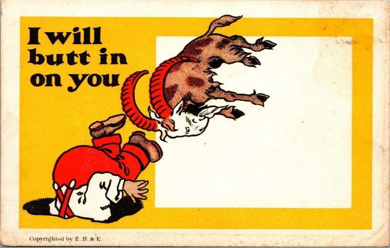 Vintage 1910s Comic Animal Postcard Goat Head I Will Butt in On You UNUSED