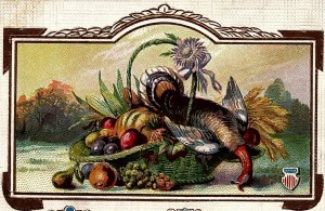 c1910 THANKSGIVING GREETINGS DEAD TURKEY FRUIT PATRIOTIC EMBOSSED POSTCARD 34-59