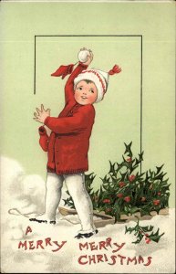 Tuck Christmas Children Boy in Snowball Fight c1910 Vintage Postcard