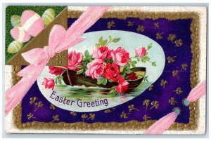 1911 Easter Greeting Eggs Rose Flowers Boat Shamrock Embossed Antique Postcard 