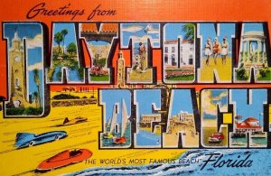 Greetings From Datona Beach Florida Large Letter Linen Postcard Space Age Cars