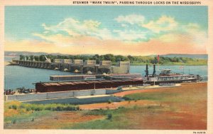 Vintage Postcard Steamer Mark Twain Passing Through Locks On Mississippi MI