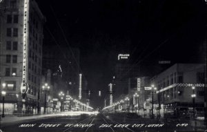 Salt Lake City Utah UT Main St. at Night Real Photo Postcard