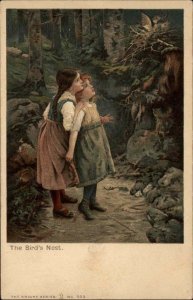 Knight Series Children Girls Discover Bird's Nest in Woods Childhood Postcard