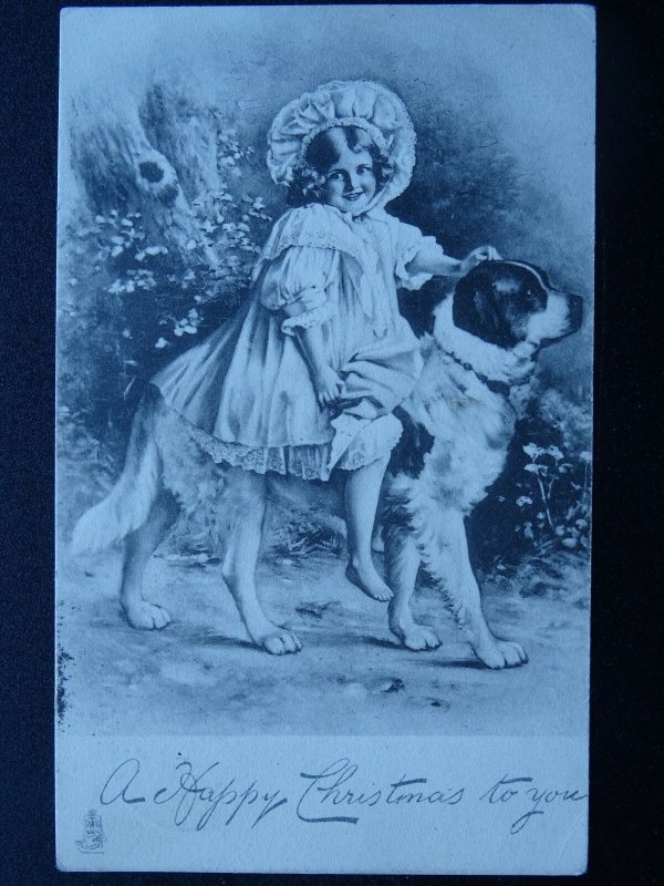 A HAPPY CHRISTMAS TO YOU Girl Rides St. Bernard 1904 Postcard Raphael Tuck 8107
