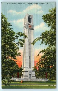 RALEIGH, NC ~ Clock Tower NORTH CAROLINA STATE COLLEGE c1940s Linen  Postcard