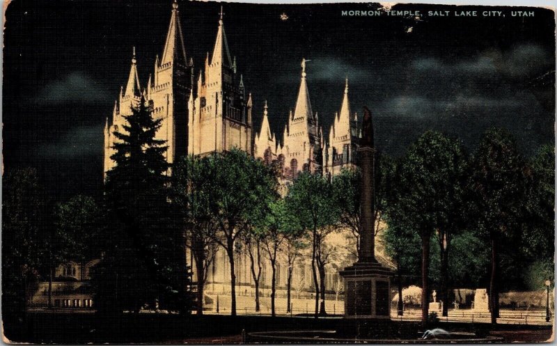 Mormon Temple Salt Lake City Utah UT Night Linen Postcard PM Cancel WOB Note 