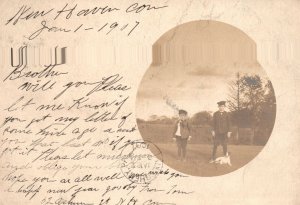 Vintage Postcard 1907 Portrait of Two Boys Brothers with White Dog Outdoor Field