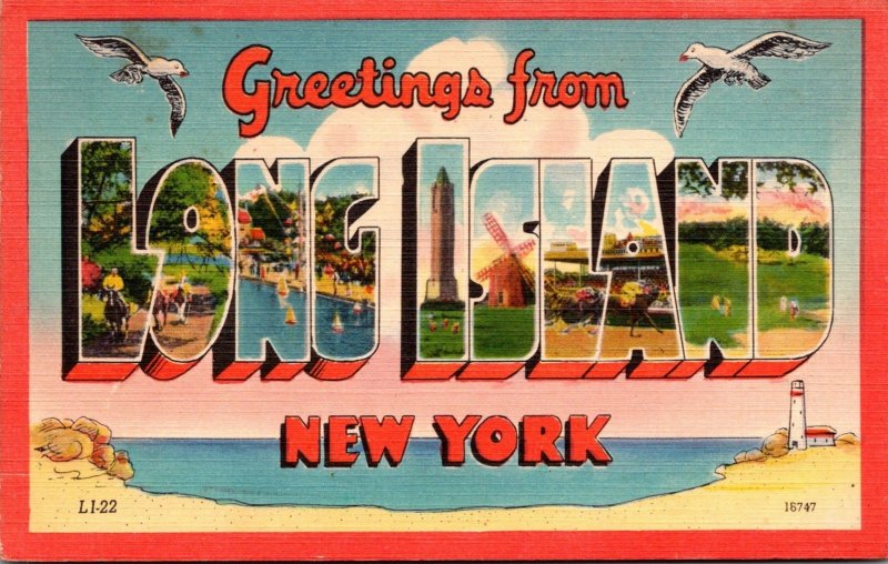 New York Long Island Greetings Large Letter Linen