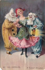 Postcard Art Woman + Clowns At the Carnival Ticklish Situation