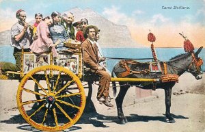 Sicilian donkey cart and types vintage postcard Italy