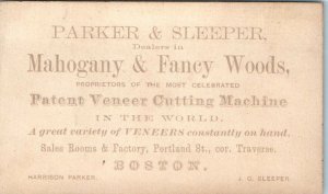 1880s Parker & Sleeper Mahogany & Fancy Woods Veneer Boston MA Business Card Ad