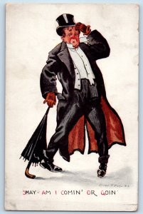 Artist Signed Postcard Humor Drunk Man With Umbrella Shay Am I Comin Or Goin