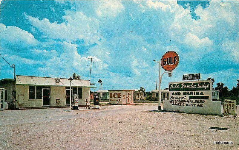 1950 Gulf Gas Station pumps Lake Rosalie Lodge Marina Vacation postcard 10855