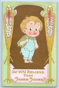 Fresno CA Postcard Little Boy Do You Believe That Stork Story Arts Crafts c1910s