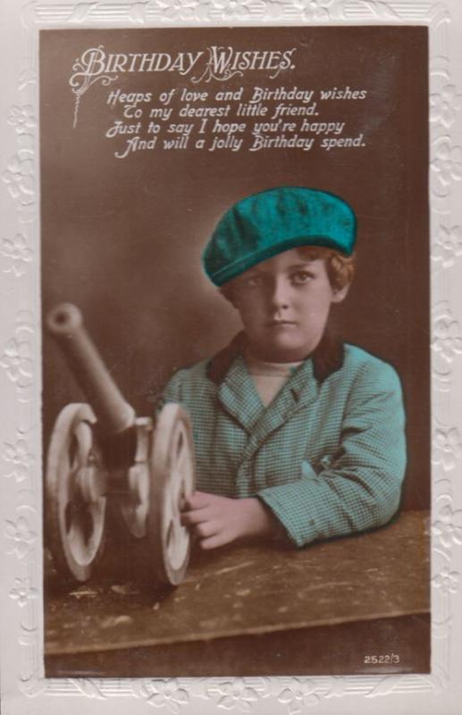 Boy With Toy Military Tank Antique Happy Birthday Greetings Postcard