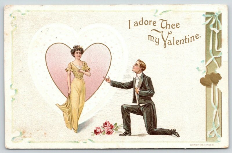 Valentine~Lovely Lady Strolls From White Heart~Gent on Bended Knee~1910 Wessler