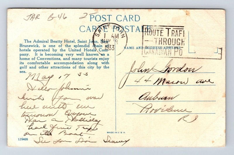 St John New Brunswick Canada Admiral Beatty Hotel WB Cancel WOB Postcard 