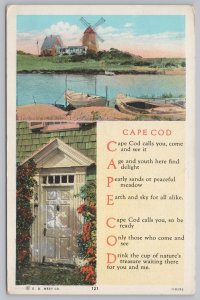 State View~Cape Cod Acrostic Door & Sailboat~Vintage Postcard 