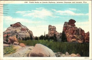 Cheyenne WY-Wyoming, Castle Rocks, Lincoln Highway Linen c1938 Postcard 