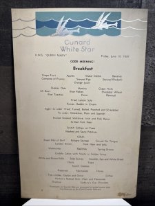 Vintage 1937 Queen Mary Cunard White Star Breakfast Menu 6/18/37