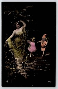 Fantasy RPPC Woodland Nymph with Fairy and Gnome Painted Accents Postcard L35