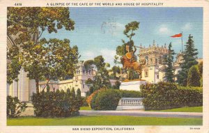 Cafe of World House Hospitality San Diego Exposition California linen postcard