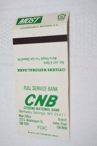 Citizens National Bank Berkeley Springs WV 30 Rear Strike Matchbook Cover