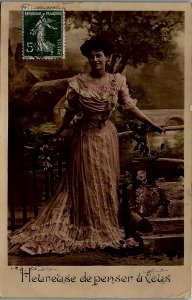 c1910 LOVELY LADY HEUREUSE DE PENSER A VOUS TINTED  REAL PHOTO POSTCARD 17-25