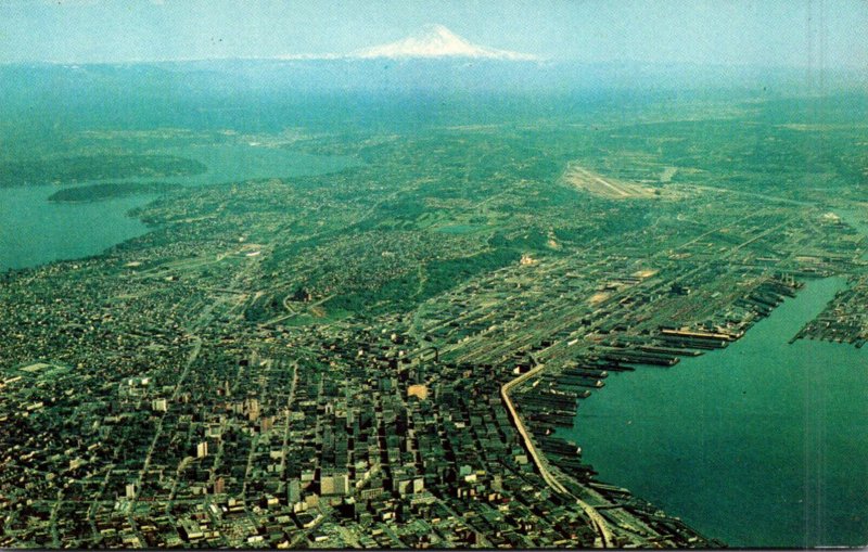 Washington Seattle Aerial View Elliott Bay and Mount Rainier