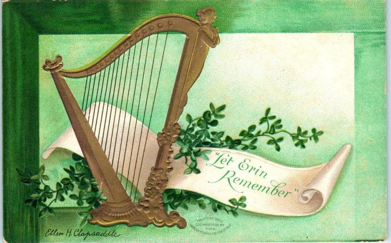 ST PATRICK'S DAY Greeting  HARP  Clapsaddle   c1910s  Embossed Tuck   Postcard