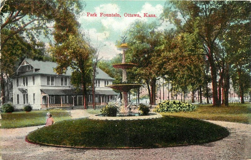 Vintage Wheelock Postcard; Park Fountain, Ottawa KS Franklin County posted 1909