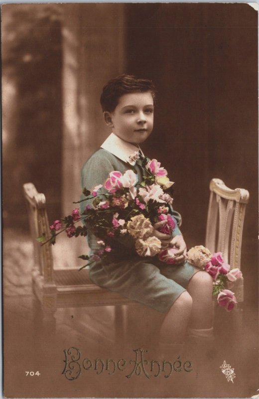 Boy With Flowers Art Vintage RPPC C165