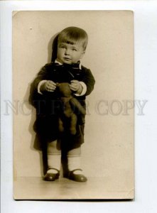 415062 Charming Boy w/ TEDDY BEAR vintage REAL PHOTO