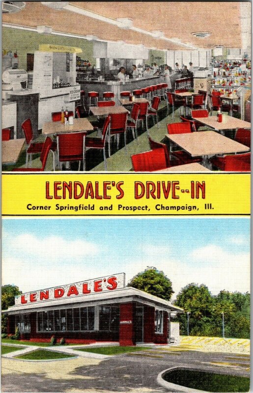 Lendale's Drive-In, Corner Springfield & Prospect Champaign IL Vtg Postcard C60 