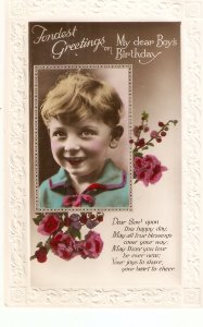Smiling little boy in blue. Flowers Old vintage English Birthday Greetings P