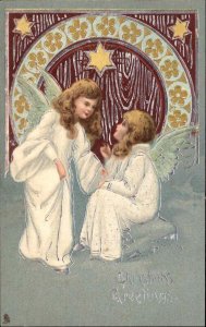 Christmas Angel Children TUCK 8350 Beautiful Silver Inlay Embossed Postcard