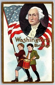 Patriotic Washington's Birthday~Boys w/ Spirit of '76~Flag~Drum~Gold Border~1910