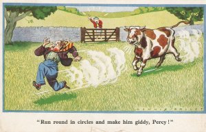 Man running in front of bulls  Tuck humorous postcard # 58