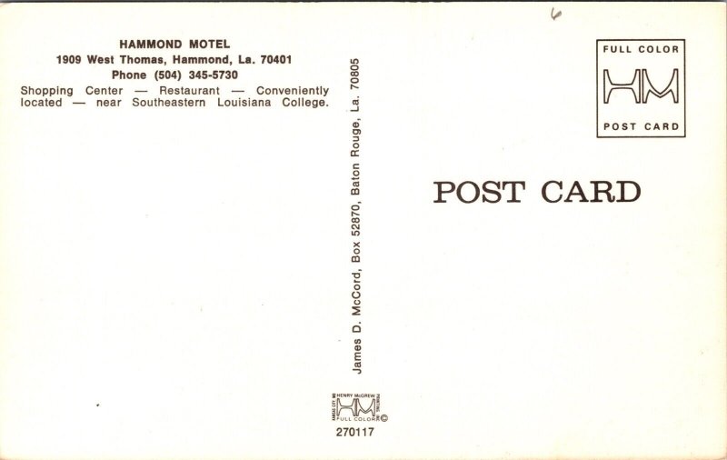 Postcard Hammond Motel 1909 West Thomas in Hammond, Louisiana