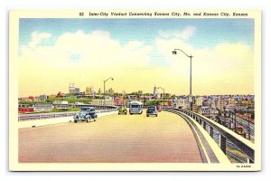 Inter-City Viaduct Connecting Kansas City Mo. & Kansas City KS Postcard Old Cars