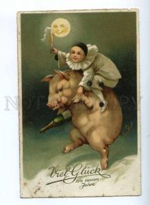190251 NEW YEAR Dancing Pig PIERROT Moon Vintage LITHO PC