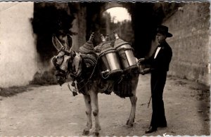 RPPC, MAN & DONKEY~MULE Loaded With WATER BOTTLES  Real Photo Postcard