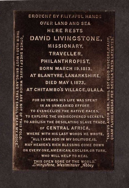 UK David Livingstone Grave Plaque Westminster Abbey United Kingdom Postcard