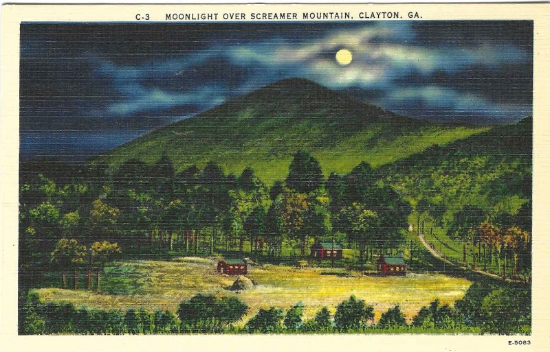 1940's Moonlight Over Screamer Mountain, Clayton, Georgia Linen Postcard