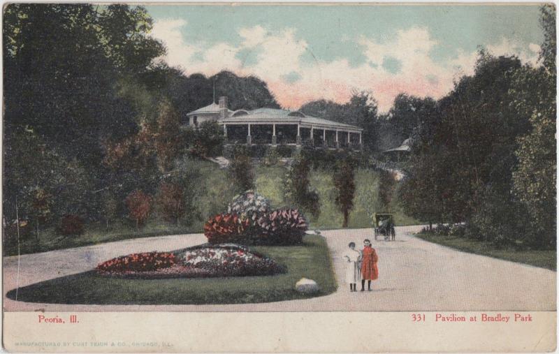 1907 PEORIA Illinois Ill Postcard Bradley Park Pavilion Kids Wagon