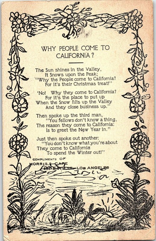 C.1910 Morris's Cafe California Poem Lymeric Los Angeles Vintage Postcard P137