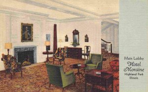 Hotel Moraine Main Lobby Interior Highland Park Illinois linen postcard