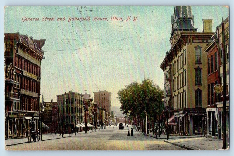 Utica New York Postcard Genesee Street Butterfield House Streetcar 1909 Vintage