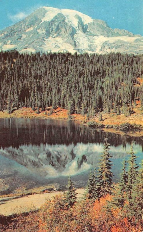 MOUNT RAINIER Reflection Lake, WA c1950s Chrome Vintage Postcard 